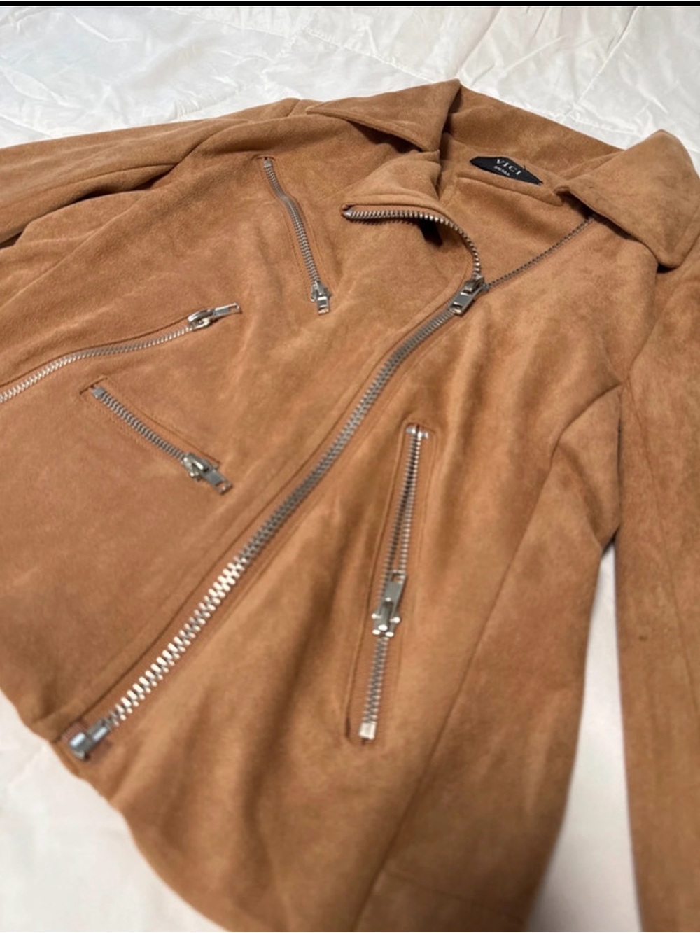 Vici Camel Suede Moto Jacket with Silver Zippers